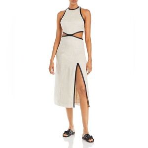 Staud Delmore Dress in cream linen and black faux leather trim size 14.